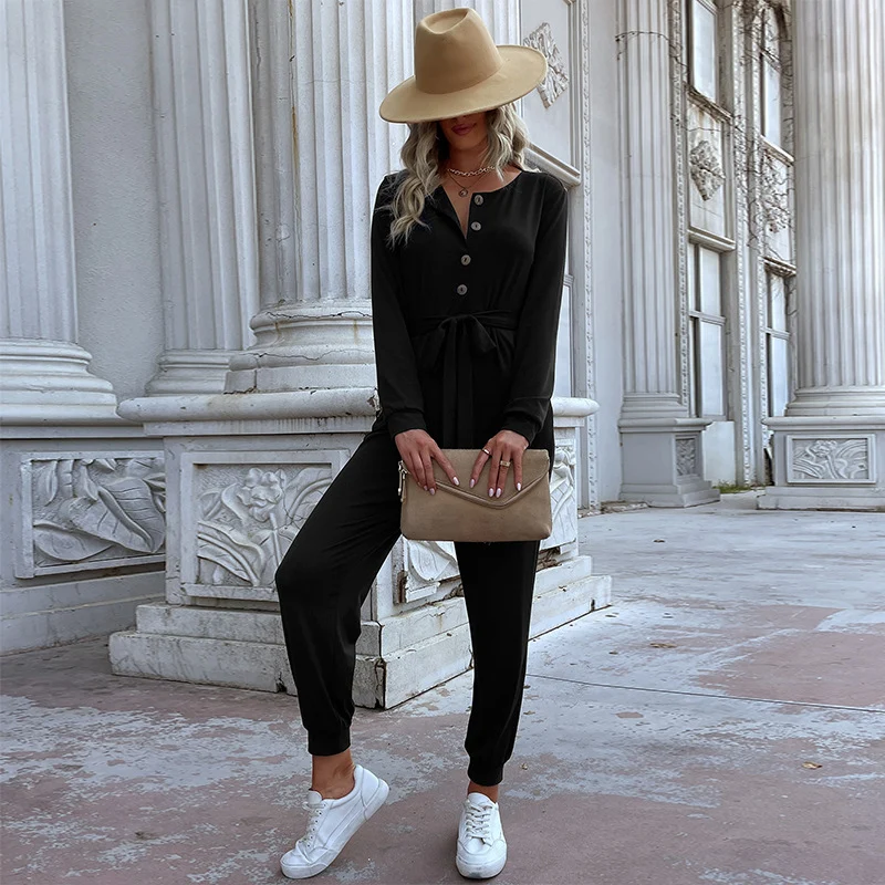 Damen Lässiger Einteiler-Jumpsuit mit Knopfleiste, Bindegürtel und Rippbündchen Nord Taschen