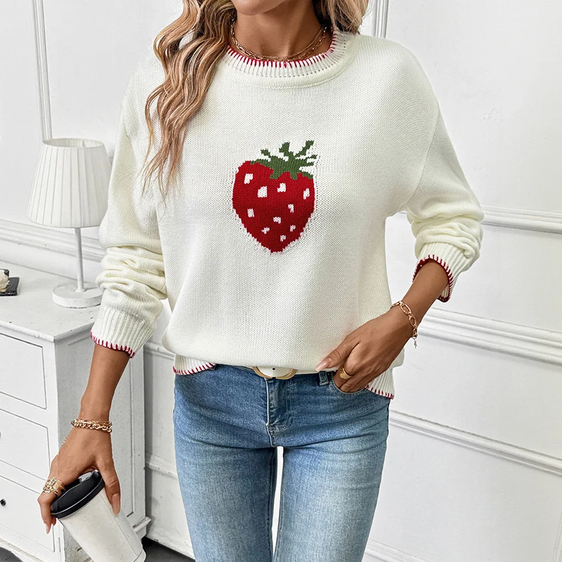 Damen Lässiger Boxy-Strickpullover mit Erdbeer‑Intarsie, geripptem Saum und Rundhalsausschnitt Nord Taschen