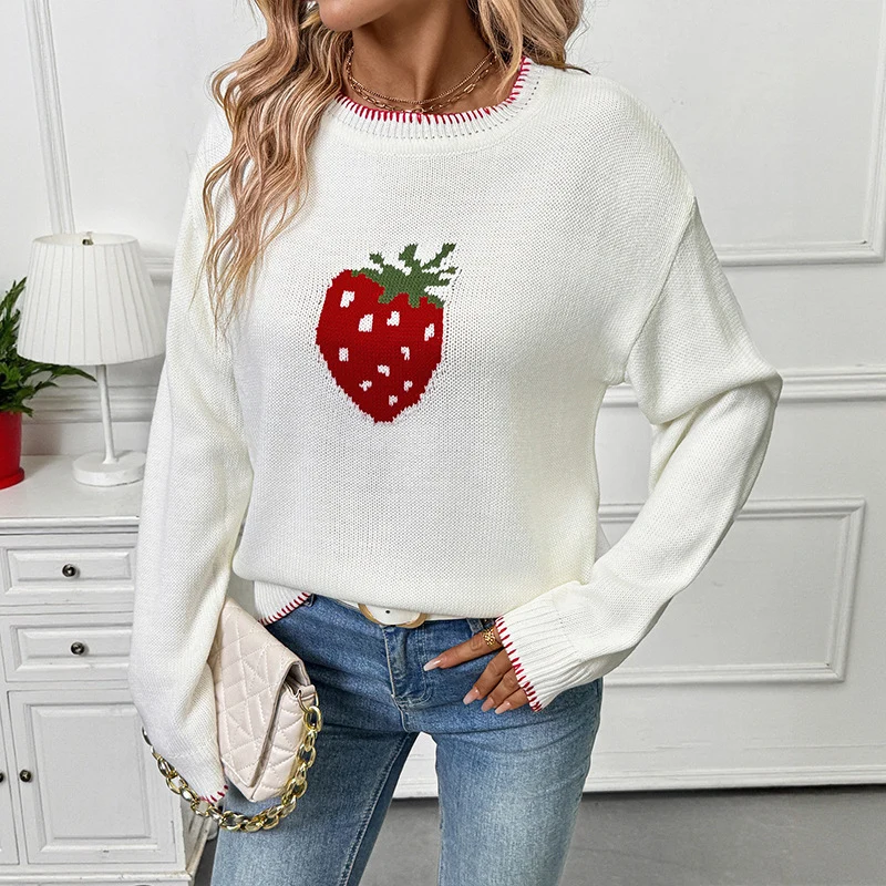 Damen Lässiger Boxy-Strickpullover mit Erdbeer‑Intarsie, geripptem Saum und Rundhalsausschnitt Nord Taschen