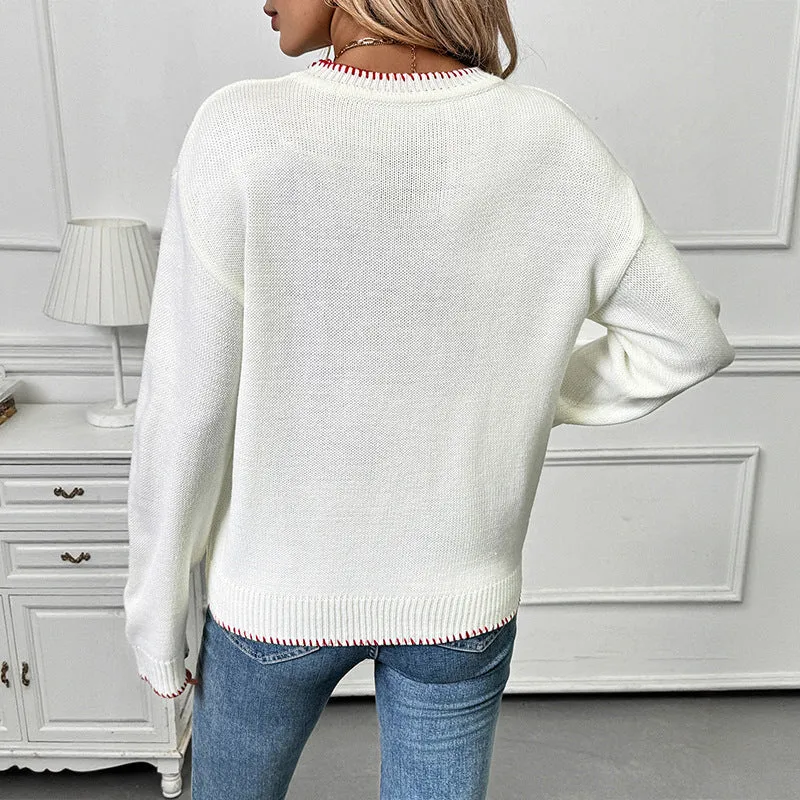 Damen Lässiger Boxy-Strickpullover mit Erdbeer‑Intarsie, geripptem Saum und Rundhalsausschnitt Nord Taschen