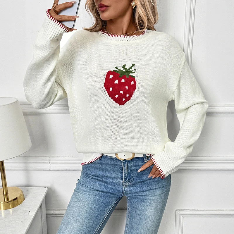 Damen Lässiger Boxy-Strickpullover mit Erdbeer‑Intarsie, geripptem Saum und Rundhalsausschnitt Nord Taschen