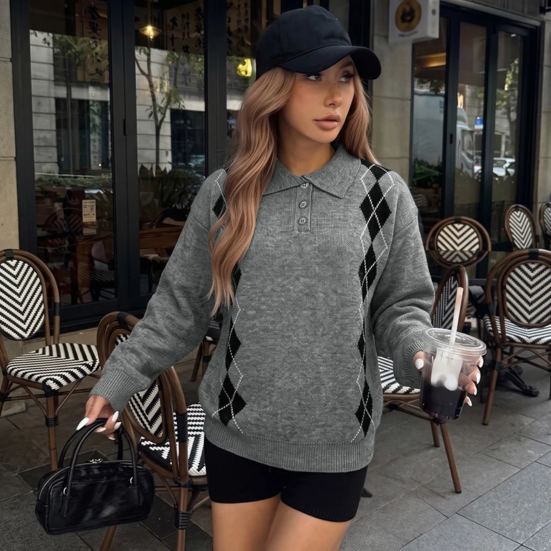Damen Lässiger Argyle-Polo-Strickpullover mit Polokragen und Knopfleiste Nord Taschen