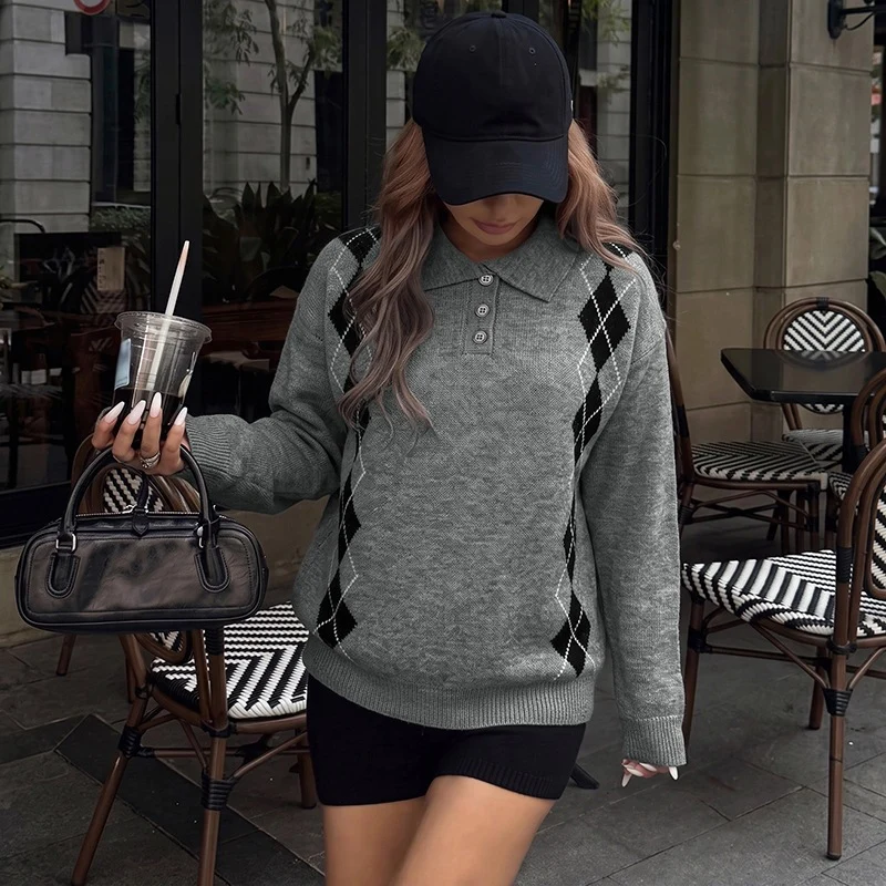 Damen Lässiger Argyle-Polo-Strickpullover mit Polokragen und Knopfleiste Nord Taschen