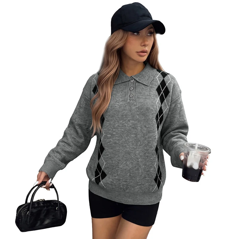 Damen Lässiger Argyle-Polo-Strickpullover mit Polokragen und Knopfleiste Nord Taschen
