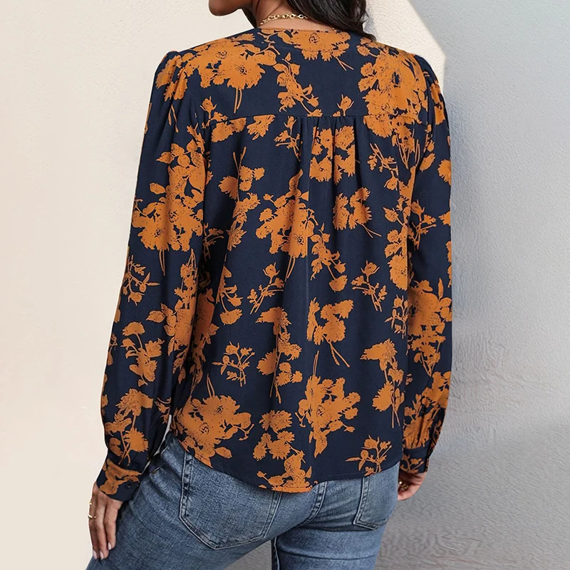 Damen Lässige Viskose-Bluse mit V-Ausschnitt, floralem Print und Ballonärmeln Nord Taschen