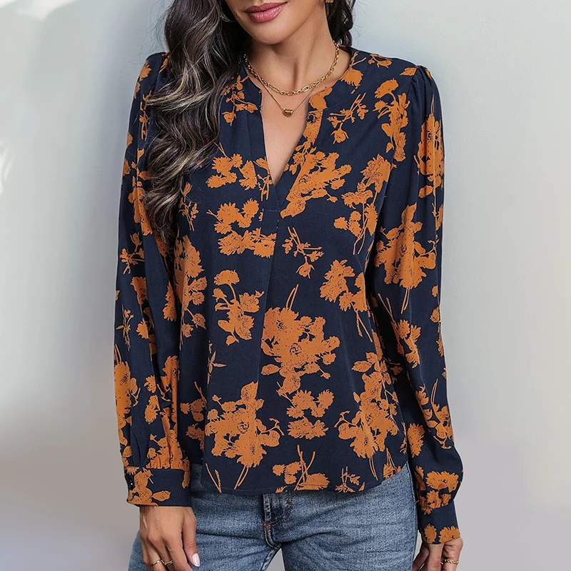 Damen Lässige Viskose-Bluse mit V-Ausschnitt, floralem Print und Ballonärmeln Nord Taschen