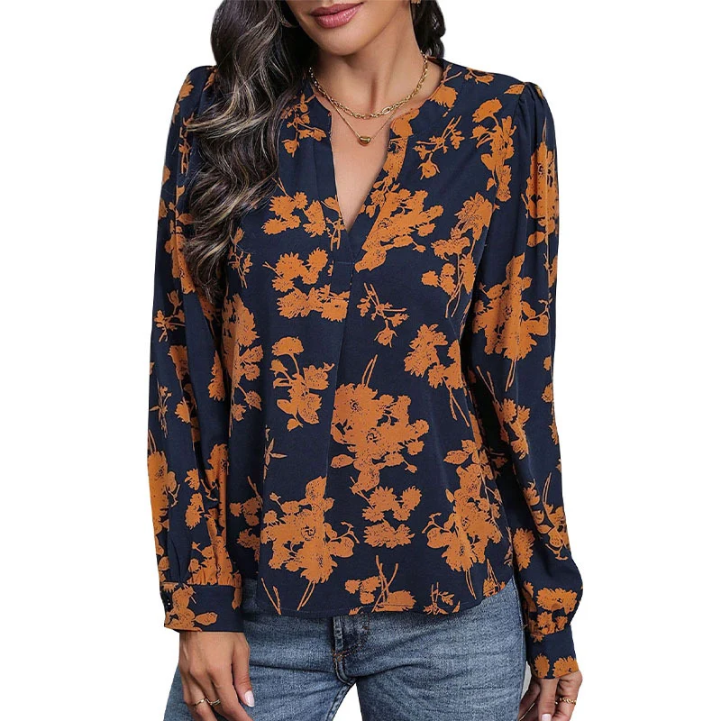 Damen Lässige Viskose-Bluse mit V-Ausschnitt, floralem Print und Ballonärmeln Nord Taschen