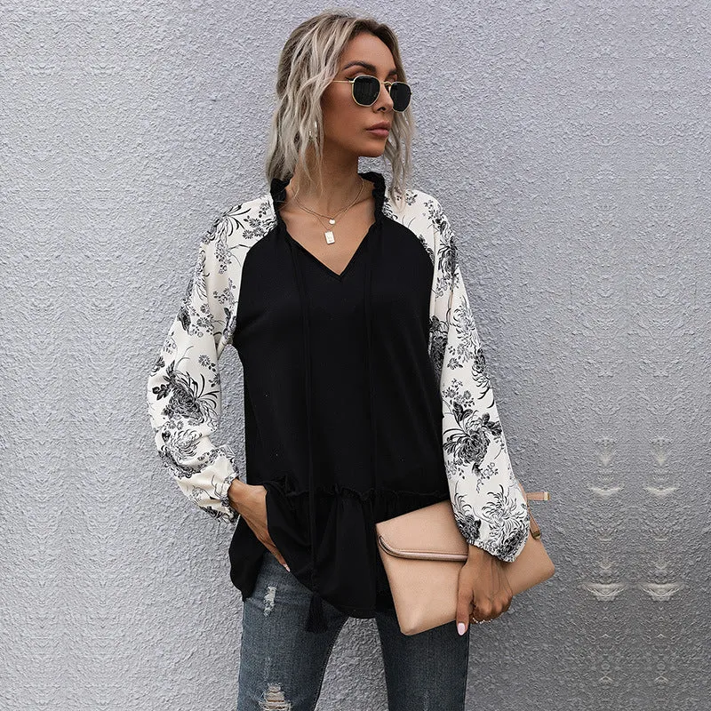 Damen Lässige V‑Ausschnitt Tunika‑Bluse mit Volantsaum, Blumenraglanärmeln und Kordelzug Nord Taschen