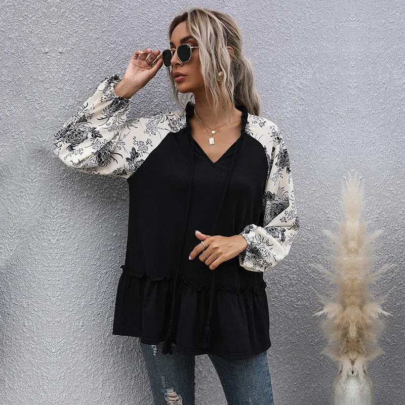 Damen Lässige V‑Ausschnitt Tunika‑Bluse mit Volantsaum, Blumenraglanärmeln und Kordelzug Nord Taschen