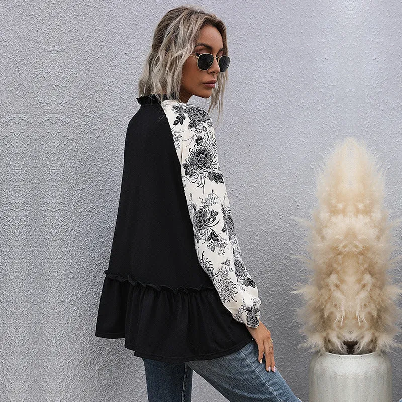 Damen Lässige V‑Ausschnitt Tunika‑Bluse mit Volantsaum, Blumenraglanärmeln und Kordelzug Nord Taschen