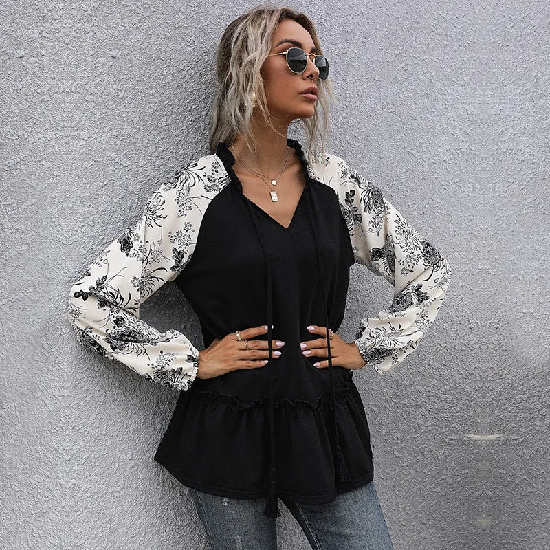 Damen Lässige V‑Ausschnitt Tunika‑Bluse mit Volantsaum, Blumenraglanärmeln und Kordelzug Nord Taschen