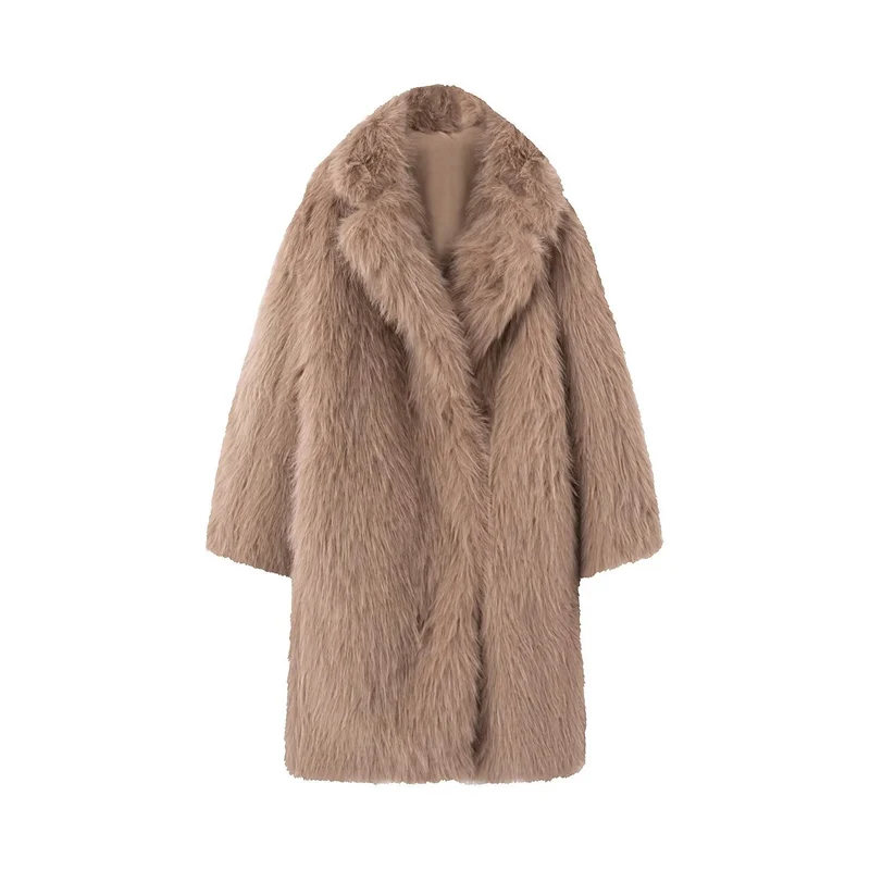 Damen Langer Oversize Kunstfellmantel mit voluminösem Schalkragen Nord Taschen