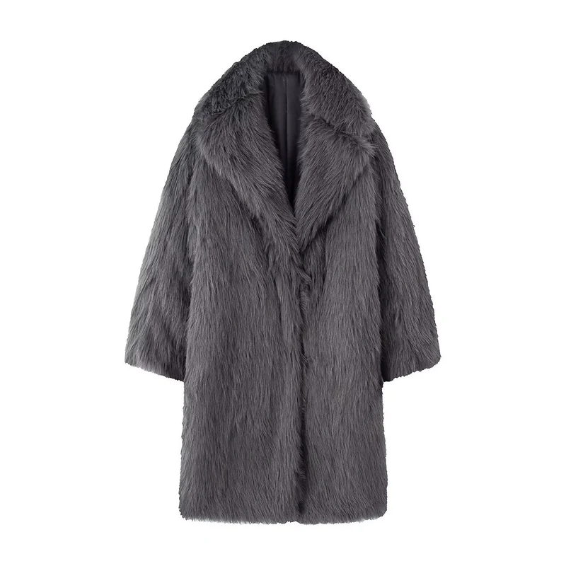 Damen Langer Oversize Kunstfellmantel mit voluminösem Schalkragen Nord Taschen
