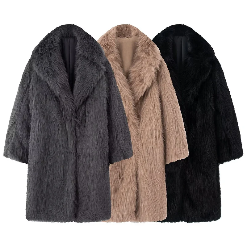 Damen Langer Oversize Kunstfellmantel mit voluminösem Schalkragen Nord Taschen