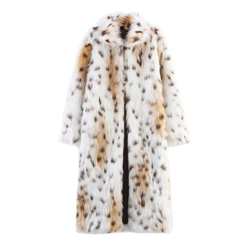 Damen Langer Oversize Kunstfell‑Mantel mit geflecktem Wildkatzenprint und Stehkragen Nord Taschen