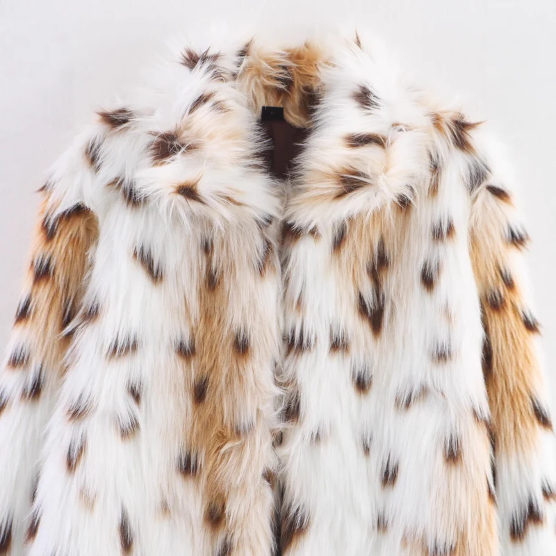 Damen Langer Oversize Kunstfell‑Mantel mit geflecktem Wildkatzenprint und Stehkragen Nord Taschen