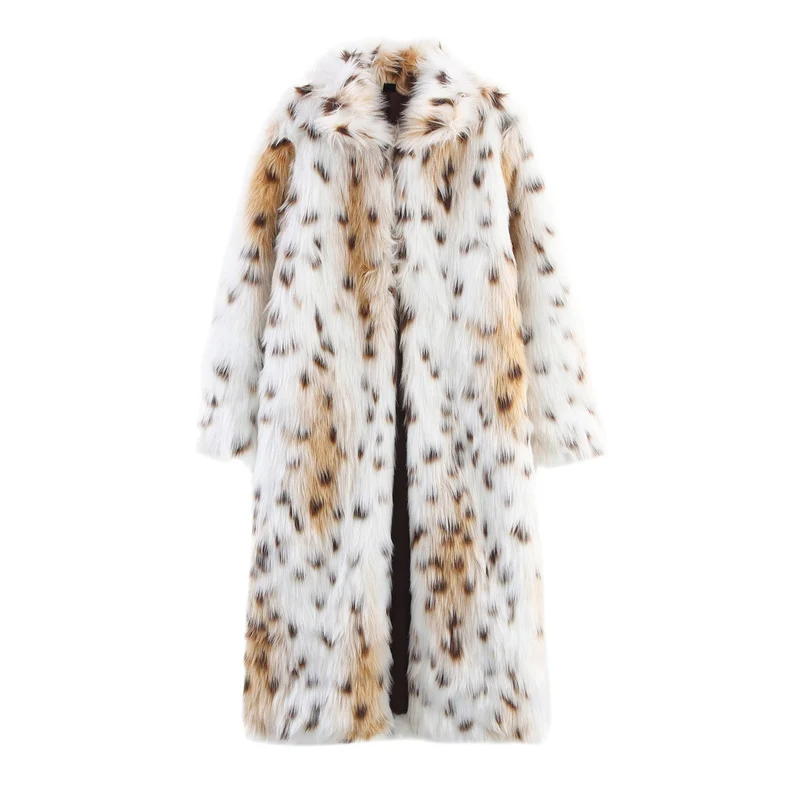 Damen Langer Oversize Kunstfell‑Mantel mit geflecktem Wildkatzenprint und Stehkragen Nord Taschen