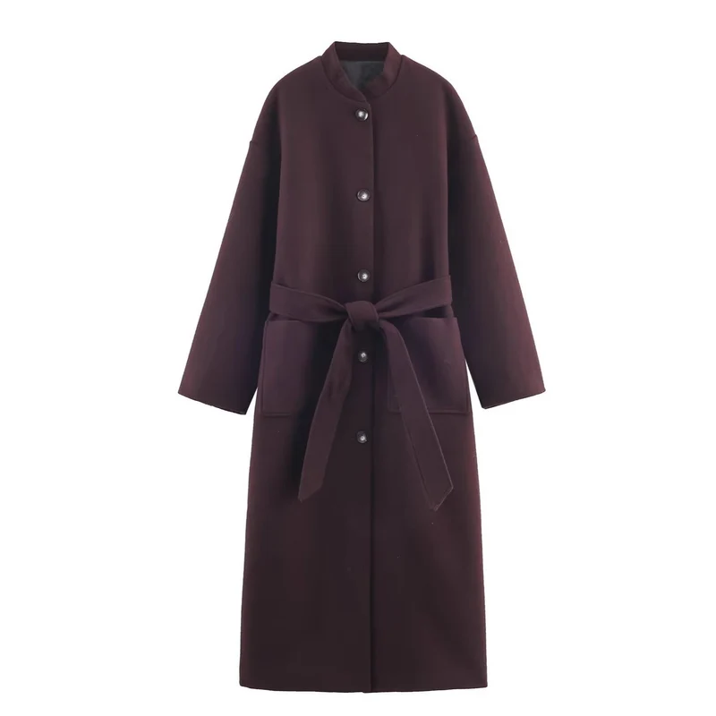 Damen Langer minimalistischer Wollmix-Kimono-Mantel mit Bindegürtel Nord Taschen