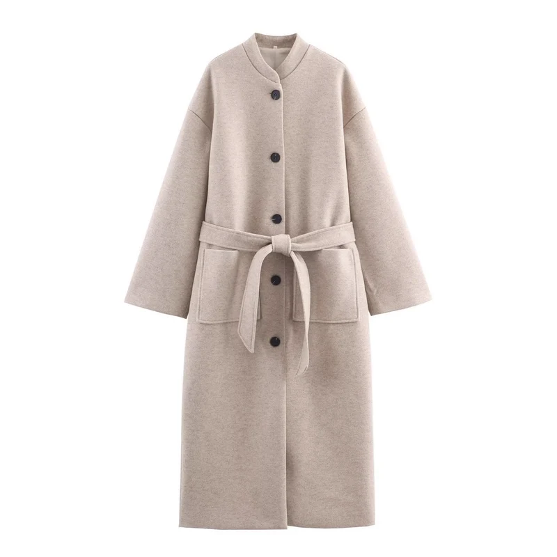 Damen Langer minimalistischer Wollmix-Kimono-Mantel mit Bindegürtel Nord Taschen