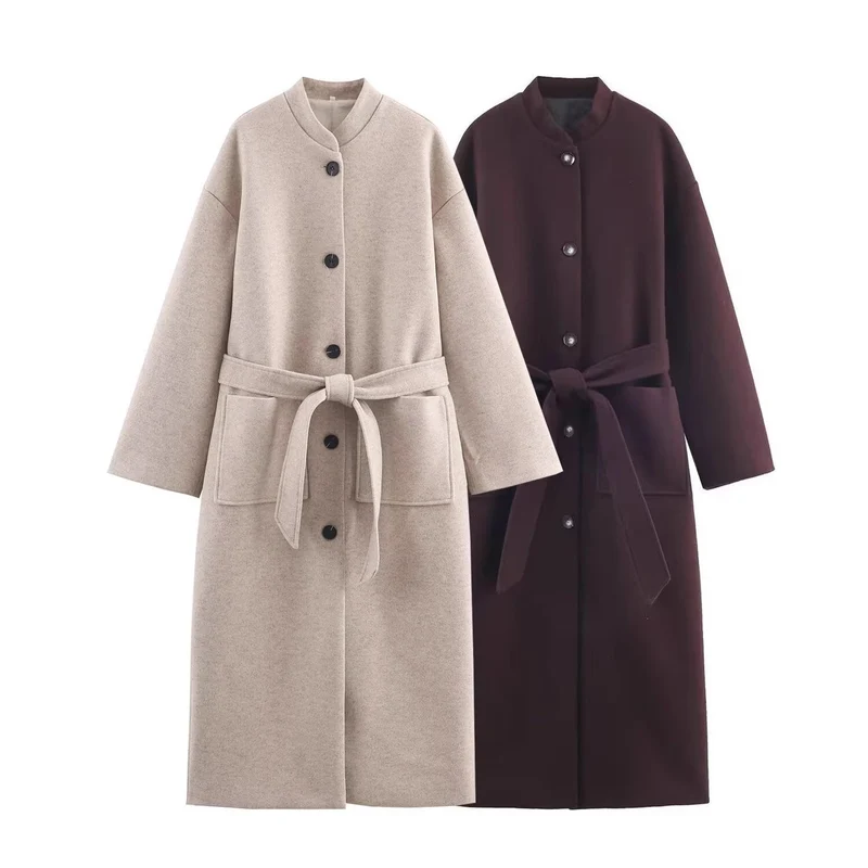 Damen Langer minimalistischer Wollmix-Kimono-Mantel mit Bindegürtel Nord Taschen