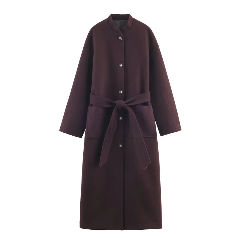 Damen Langer minimalistischer Wollmix-Kimono-Mantel mit Bindegürtel Nord Taschen