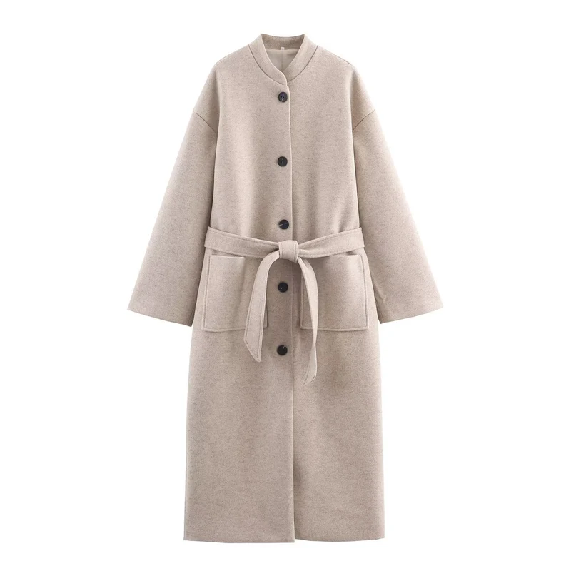 Damen Langer minimalistischer Wollmix-Kimono-Mantel mit Bindegürtel Nord Taschen