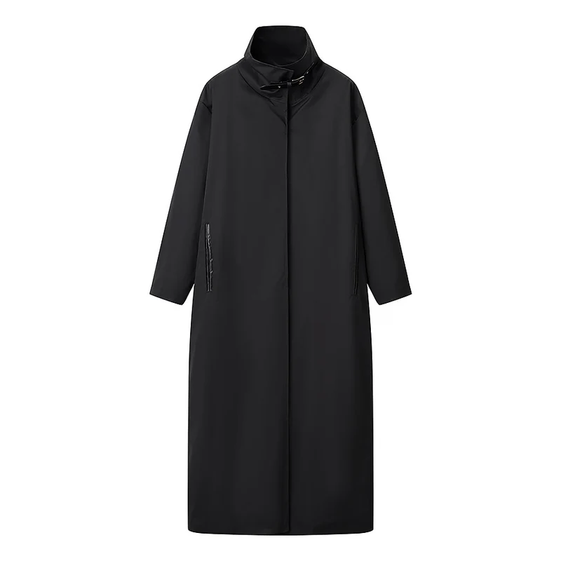 Damen Langer minimalistischer Mantel mit hohem Stehkragen und verdeckter Front Nord Taschen