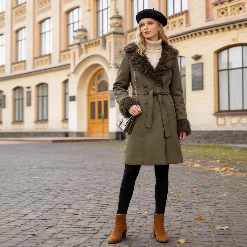 Damen Langer Mantel in Lammfelloptik mit Bindegürtel und Fellkragen Nord Taschen