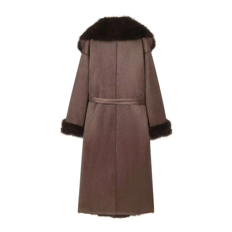 Damen Langer Lammfellimitat-Mantel mit Kapuze, Bindegürtel und Faux‑Fur‑Besatz Nord Taschen