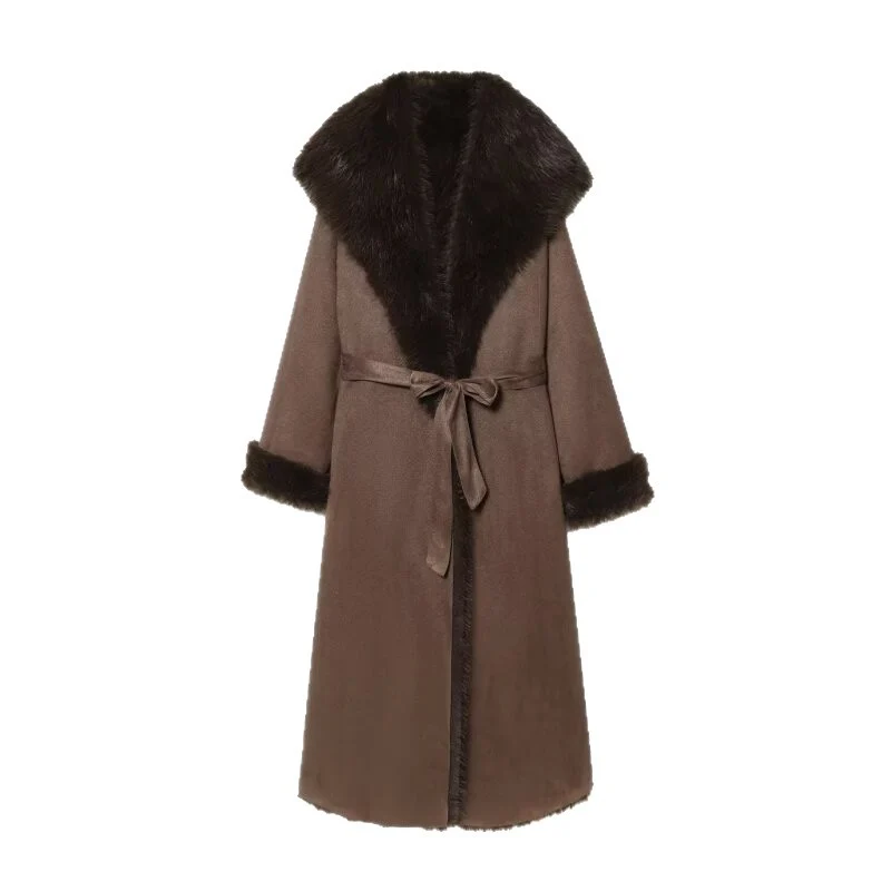 Damen Langer Lammfellimitat-Mantel mit Kapuze, Bindegürtel und Faux‑Fur‑Besatz Nord Taschen