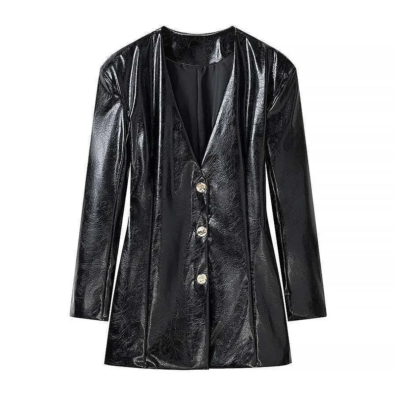 Damen Langer Lackleder-Blazer mit taillierter Silhouette, tiefem V‑Ausschnitt und Zierknöpfen Nord Taschen