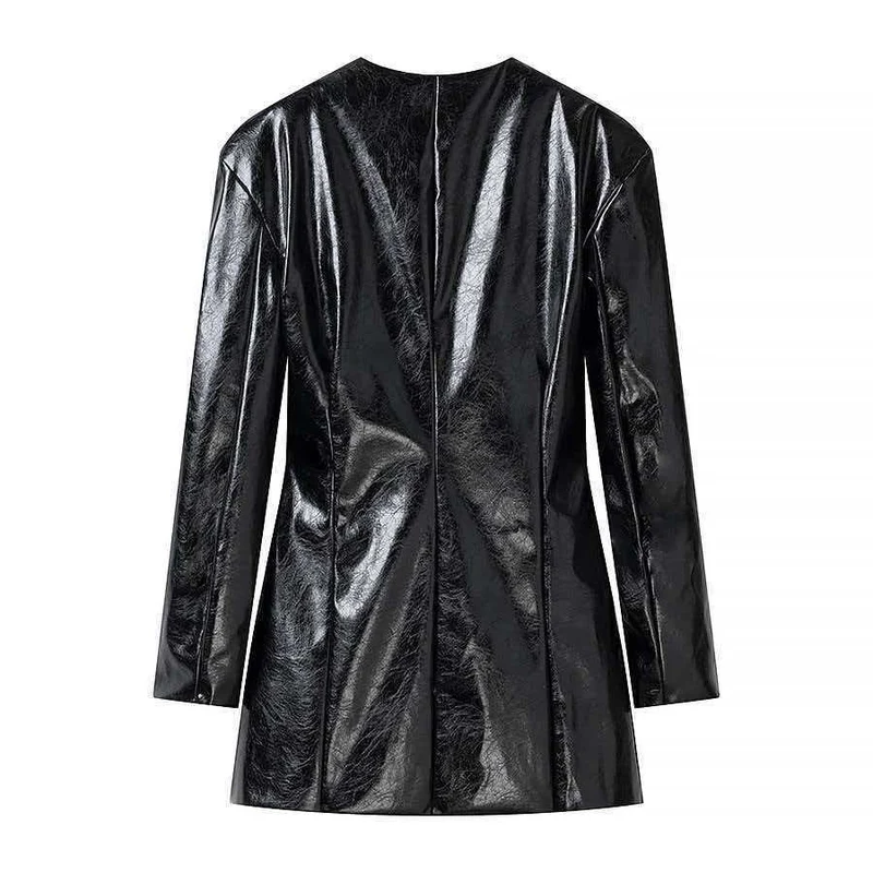 Damen Langer Lackleder-Blazer mit taillierter Silhouette, tiefem V‑Ausschnitt und Zierknöpfen Nord Taschen