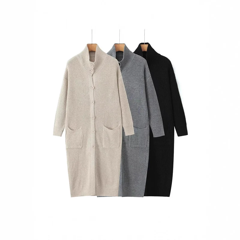Damen Langer Grobstrick-Cardigan mit Schalkragen, Knopfleiste und aufgesetzten Taschen Nord Taschen