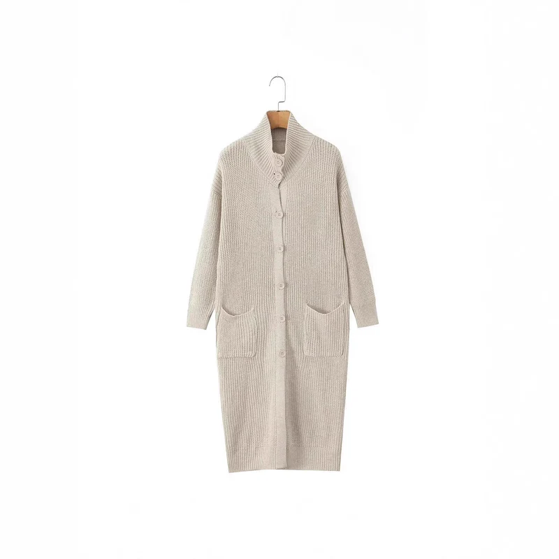Damen Langer Grobstrick-Cardigan mit Schalkragen, Knopfleiste und aufgesetzten Taschen Nord Taschen