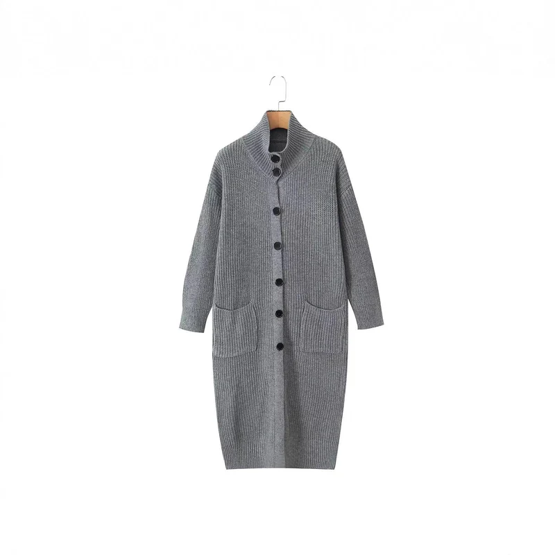 Damen Langer Grobstrick-Cardigan mit Schalkragen, Knopfleiste und aufgesetzten Taschen Nord Taschen