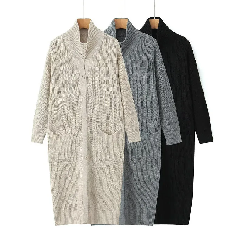 Damen Langer Grobstrick-Cardigan mit Schalkragen, Knopfleiste und aufgesetzten Taschen Nord Taschen