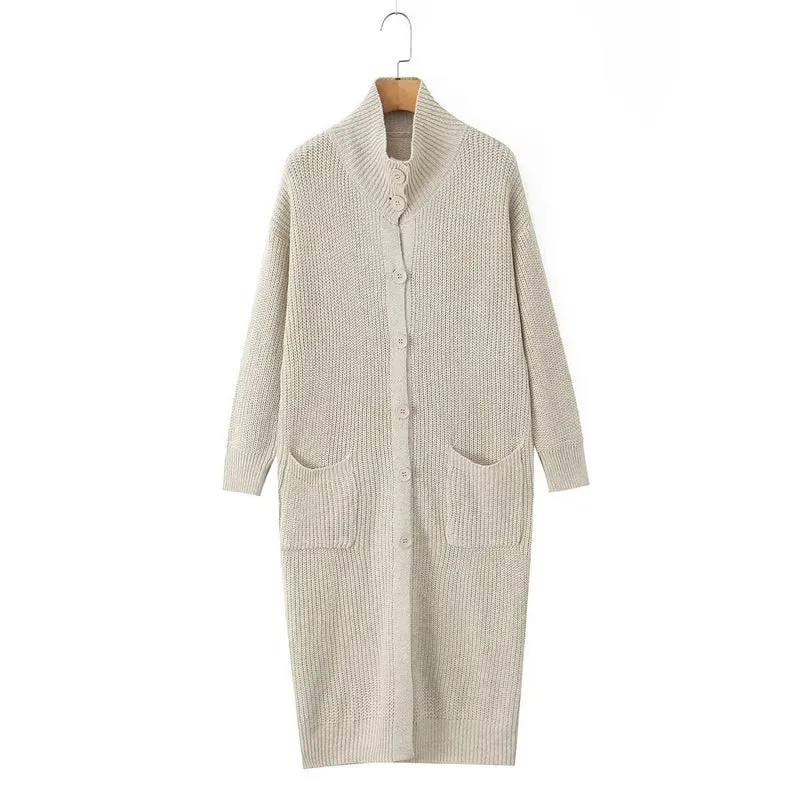 Damen Langer Grobstrick-Cardigan mit Schalkragen, Knopfleiste und aufgesetzten Taschen Nord Taschen