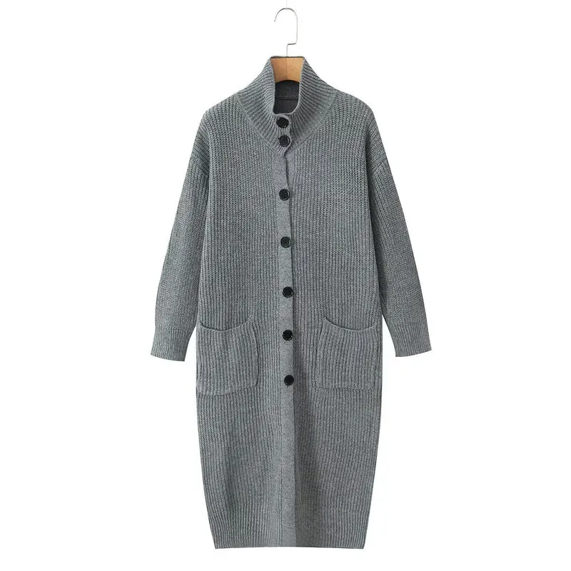 Damen Langer Grobstrick-Cardigan mit Schalkragen, Knopfleiste und aufgesetzten Taschen Nord Taschen