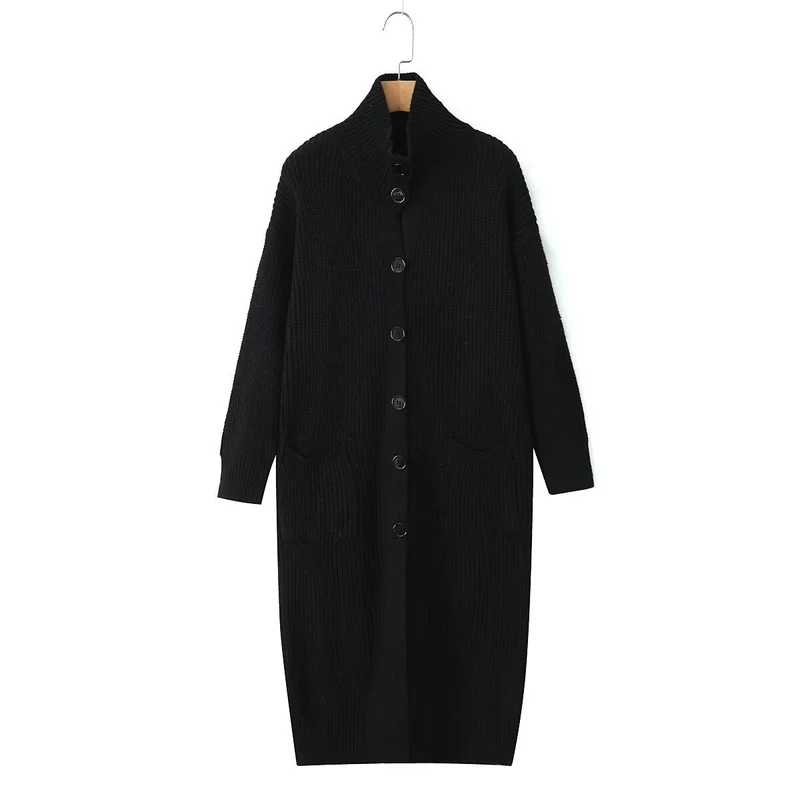 Damen Langer Grobstrick-Cardigan mit Schalkragen, Knopfleiste und aufgesetzten Taschen Nord Taschen