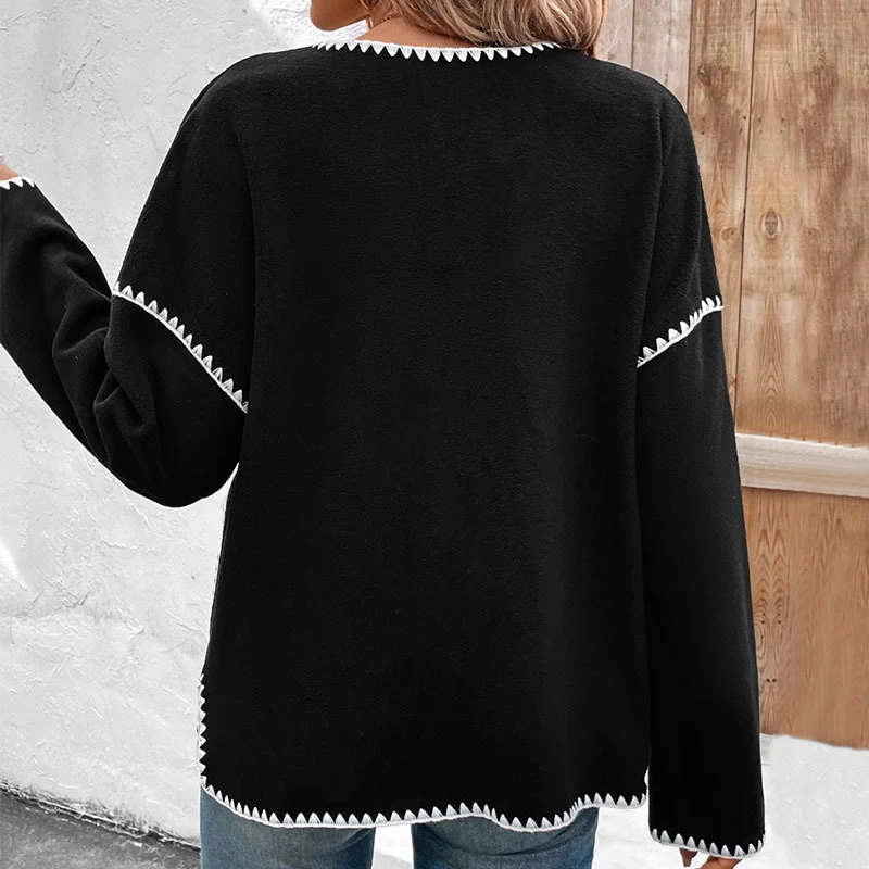 Damen Lockerer Rundhalsausschnitt-Cardigan mit kontrastierender Zierstich-Naht, Knopfleiste & aufgesetzten Taschen Nord Taschen