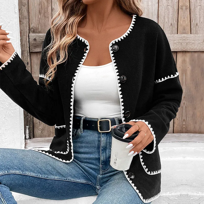 Damen Lockerer Rundhalsausschnitt-Cardigan mit kontrastierender Zierstich-Naht, Knopfleiste & aufgesetzten Taschen Nord Taschen