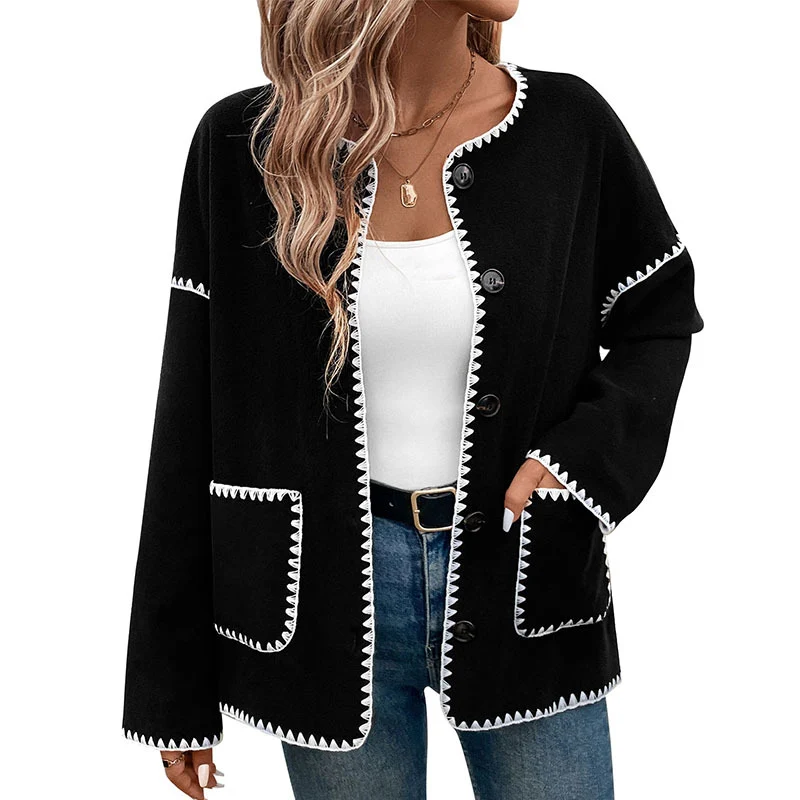 Damen Lockerer Rundhalsausschnitt-Cardigan mit kontrastierender Zierstich-Naht, Knopfleiste & aufgesetzten Taschen Nord Taschen