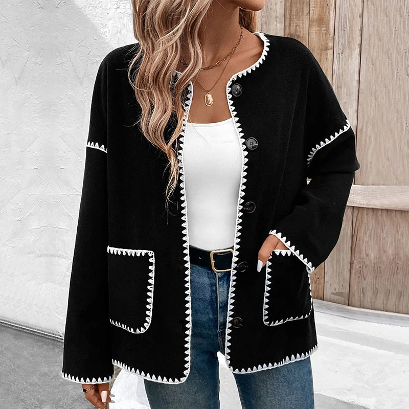 Damen Lockerer Rundhalsausschnitt-Cardigan mit kontrastierender Zierstich-Naht, Knopfleiste & aufgesetzten Taschen Nord Taschen