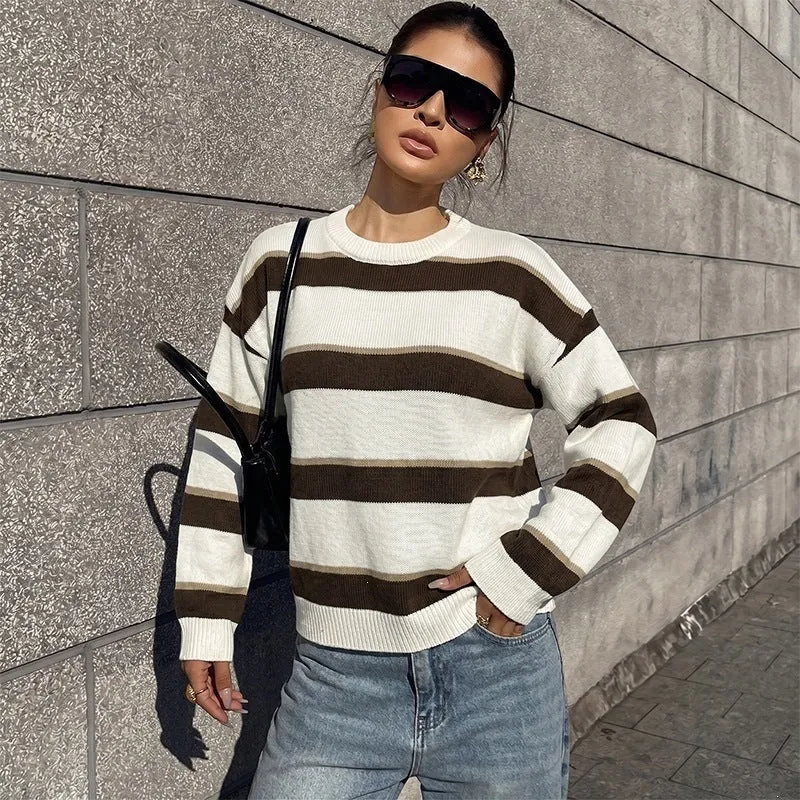 Damen Lockerer Maritim-inspirierter Oversize-Strickpullover mit breiten Blockstreifen und gerippten Bündchen Nord Taschen