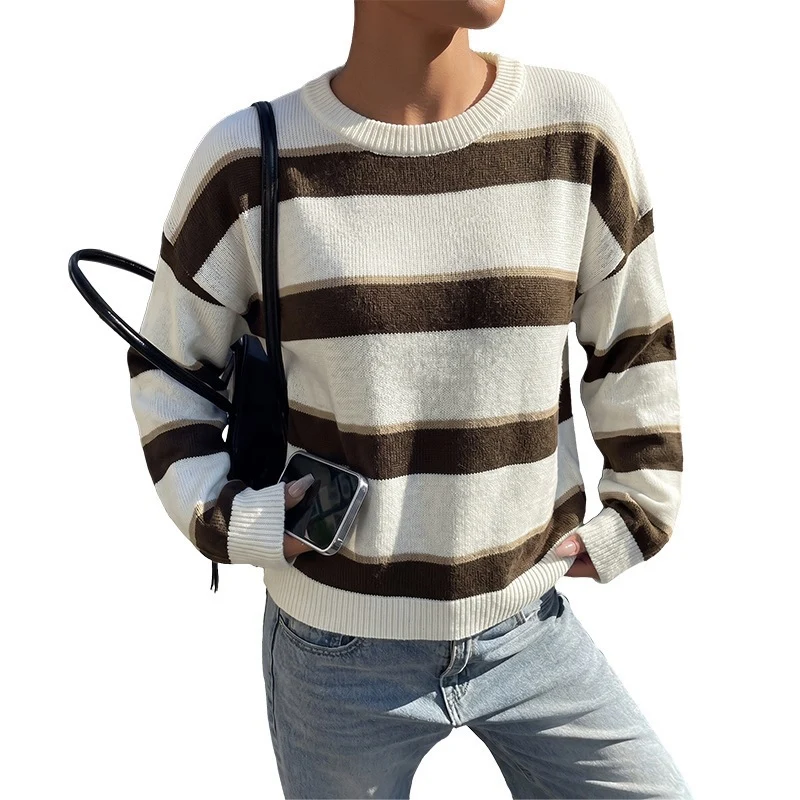 Damen Lockerer Maritim-inspirierter Oversize-Strickpullover mit breiten Blockstreifen und gerippten Bündchen Nord Taschen