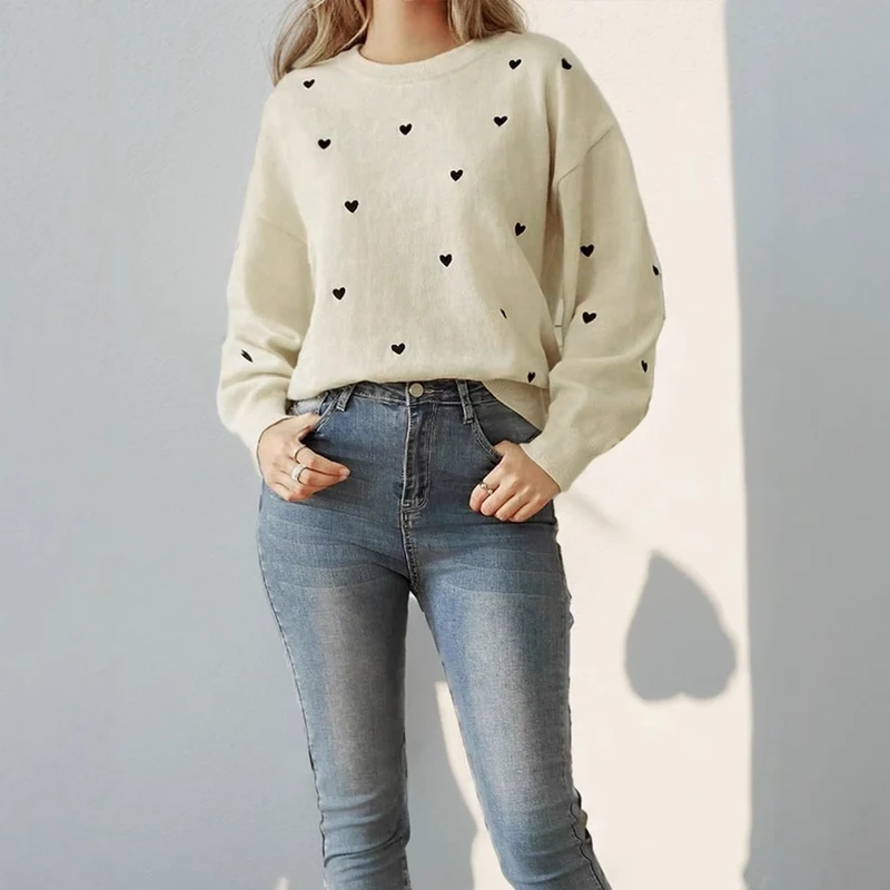 Damen Lockerer Feinstrickpullover mit Herzchen-Allover, Rundhalsausschnitt und elastischem Saum Nord Taschen