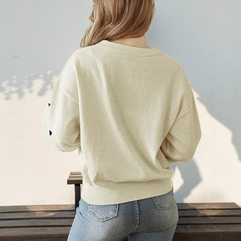 Damen Lockerer Feinstrickpullover mit Herzchen-Allover, Rundhalsausschnitt und elastischem Saum Nord Taschen