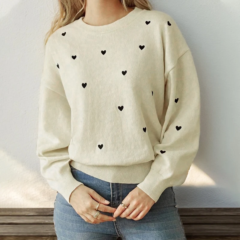Damen Lockerer Feinstrickpullover mit Herzchen-Allover, Rundhalsausschnitt und elastischem Saum Nord Taschen
