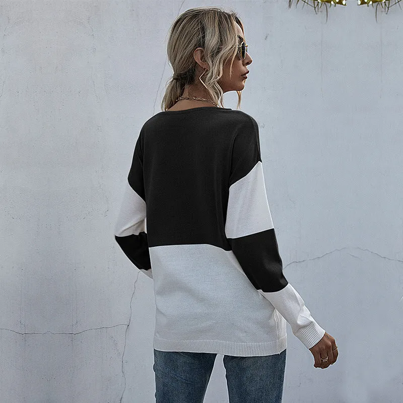 Damen Lockere Strickpullover im Blockmuster mit V‑Ajour‑Detail Nord Taschen