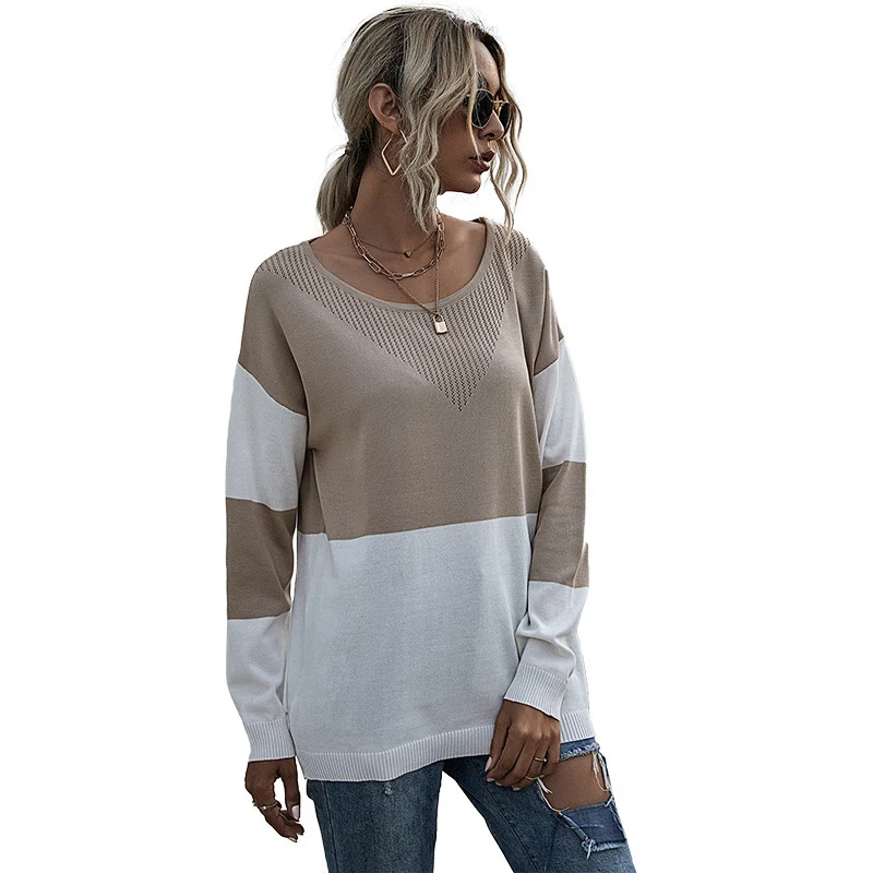 Damen Lockere Strickpullover im Blockmuster mit V‑Ajour‑Detail Nord Taschen